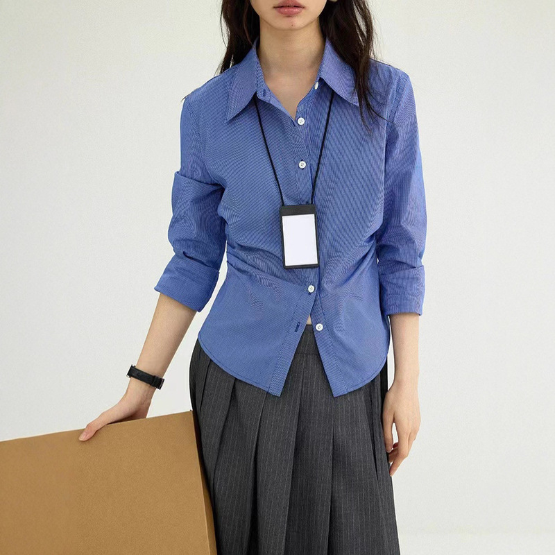 Fashionable Preppy Retro Pleated Elegant Long-Sleeved Shirt for Women in Spring and Autum Waist Slimming Look Top