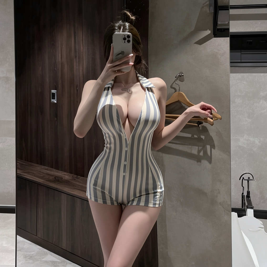 Plus-size Open-crotch Bodysuit, Deep V-neck Backless Striped Lingerie — detail image 2