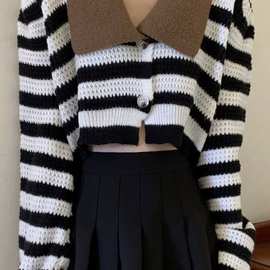 条纹撞色开衫毛衣女春秋新款设计感领短款辣妹百搭针织衫上衣