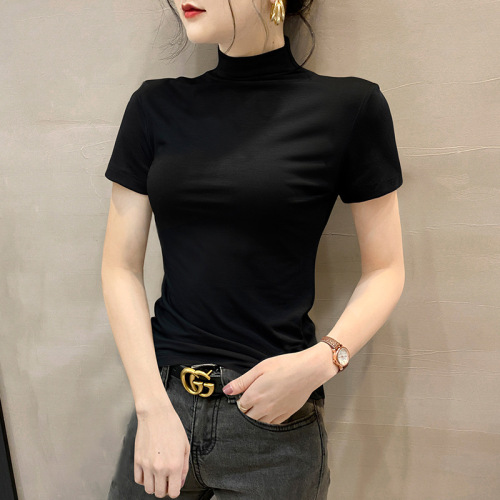 Half-high collar slim-fit short-sleeve women's T-shirt 2025 spring temperament stylish base shirt fashionable sexy top