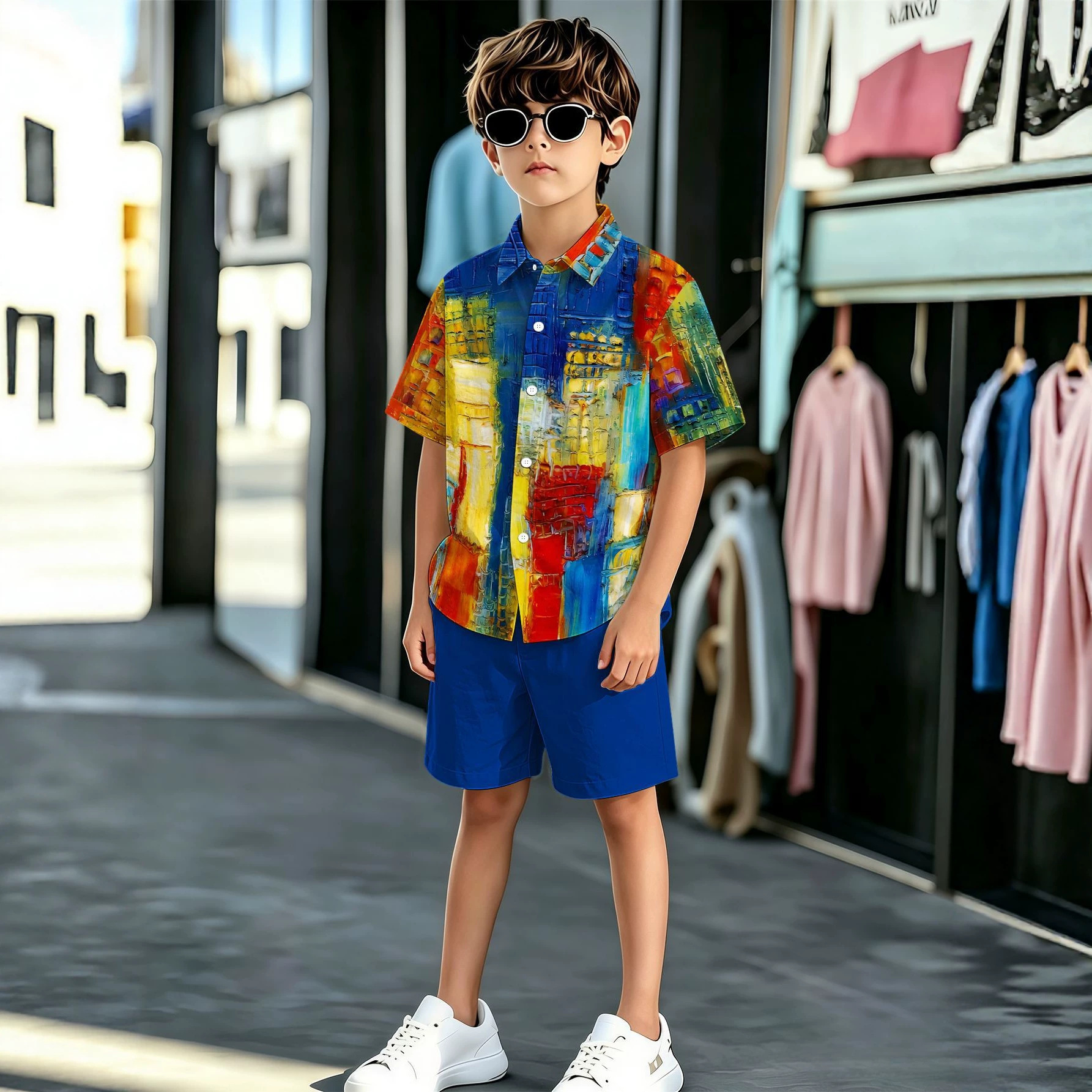 Neues Sommer-Set mit Totem-Print für Jungen: Hemd und Shorts mit Umlegekragen._voghion.com