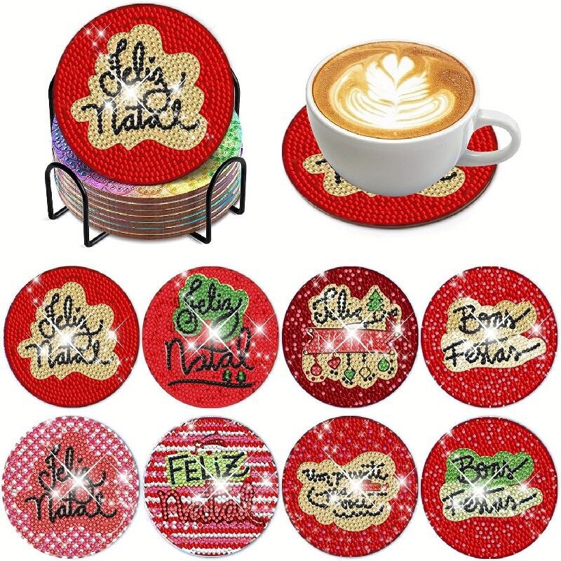 Diamante de dibujos animados almohadillas de taza letras rojas textura de madera hecha a mano puntos de perforación aislamiento térmico antideslizante diamante juguetes de pegatinas