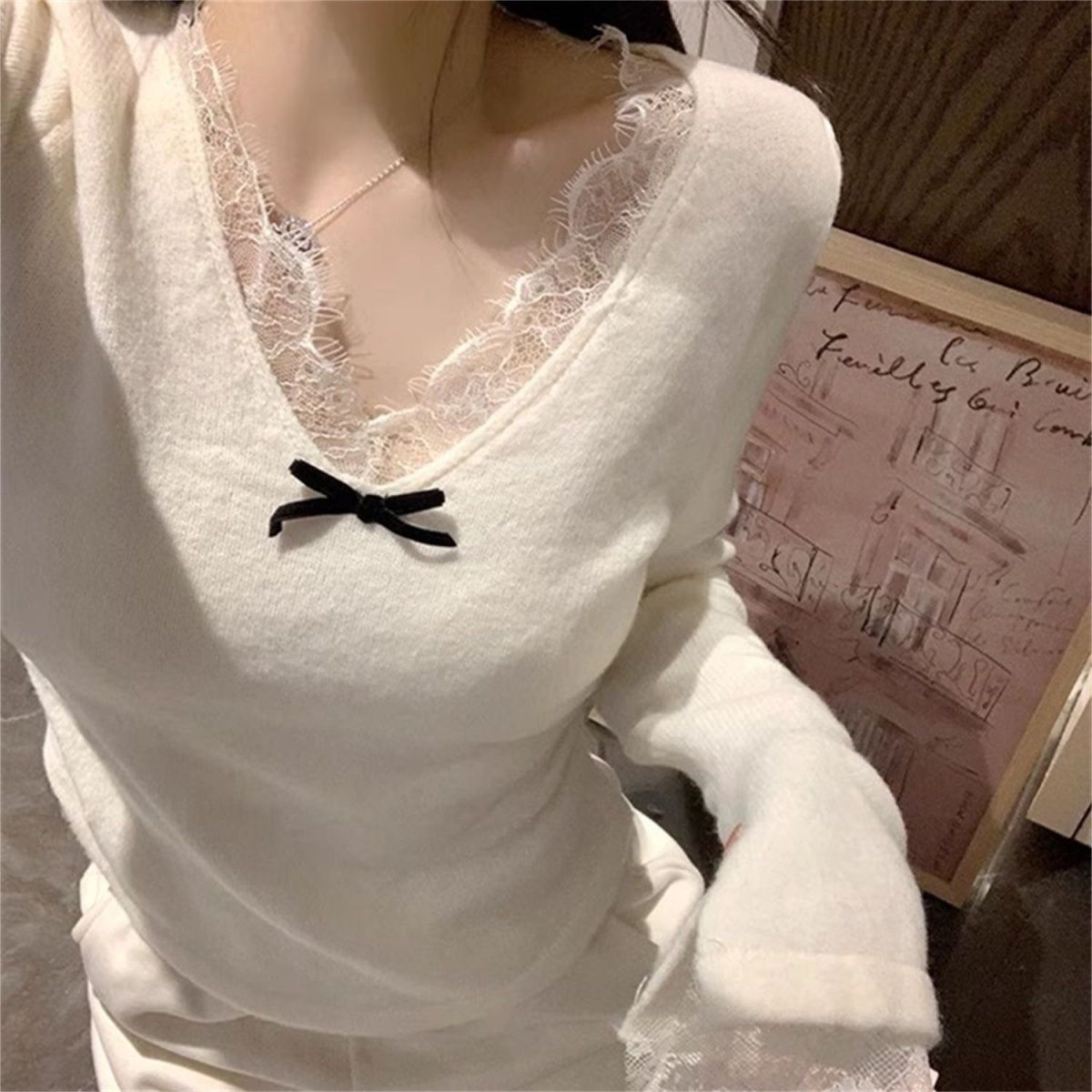 大码胖MM秋冬纯欲新款法式拼接蕾丝花边蝴蝶结T恤显瘦修身打底衫
