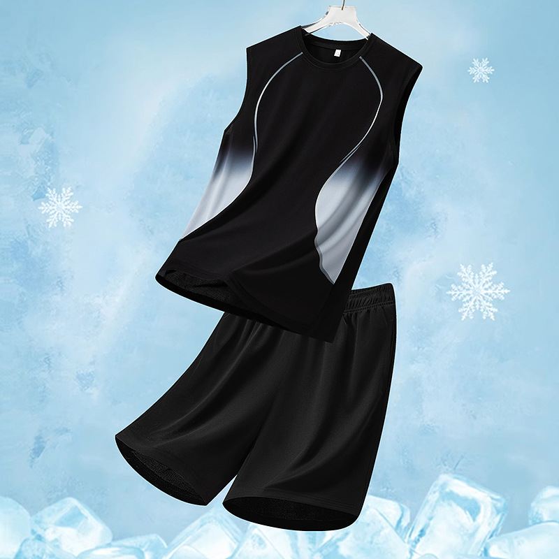 Traje deportivo para hombres de verano, traje casual para hombres, impresión graduada, suelta de dos piezas, chaleco de secado rápido, pantalones cortos para hombres