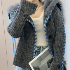 韩系海军领毛毛编织丝带针织开衫女2025秋冬新款时尚洋气毛衣外套