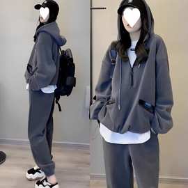 秋冬季大码运动服套装女时尚连帽卫衣休闲显瘦两件套胖200斤300