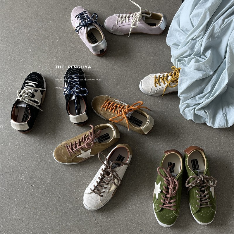 Fengliya Frosted Cowhide Retro Star Sneakers for Women 2025 New Style Non-Tiring Lace-Up Versatile Casual Moral Training Shoes