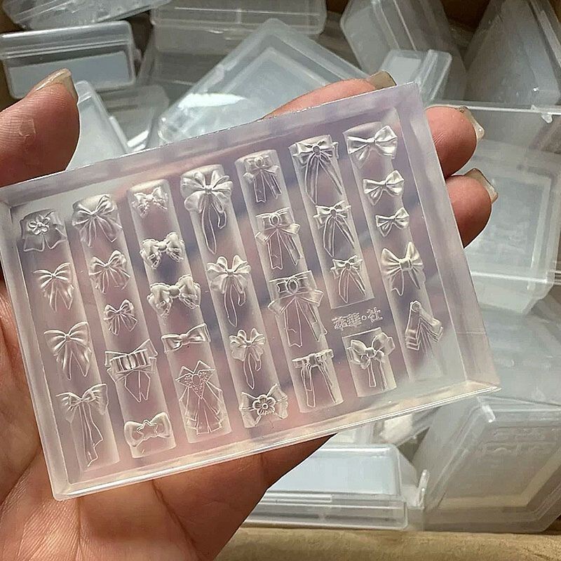 3D Stereo Ice-Transparent Bow Ribbon Combination Nail Art Rose Flower with Leaves Creative DIY Nail Art Silicone Mold