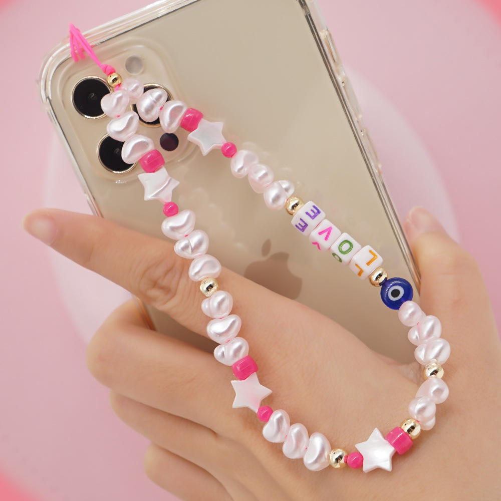 European And American Style Shaped Imitation Pearl Acrylic Love Letter Shell Five-pointed Star Eyes Anti-lost Phone Chain Lanyard display picture 1