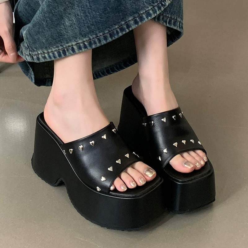 Тапочки на очень высоком каблуке 10 см с квадратным носком, повседневные женские летние сандалии большого размера в корейском стиле, размер 34-43