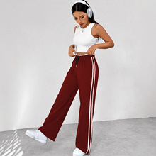 花边松紧腰条纹侧边压条长裤 2025春秋新款定制女式休闲阔腿裤