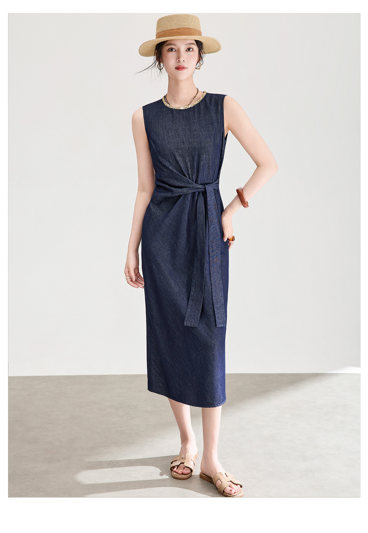 Đầm maxi nữ thiết kế nhăn tay sen cổ tròn chất liệu cotton phối sợi tơ — xanh lam chi tiết 11