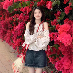 甜美风蝴蝶结波点露肩长袖衬衫女春季少女感显瘦松弛感宽松上衣潮