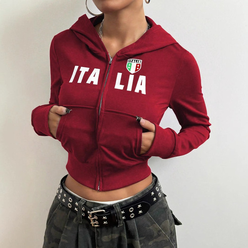 In Stock - 73091# Amazon Cross-Border Women's Fashion: Trendy Short Hooded Zip-Up Printed Sweater Jacket (EU/US Style)