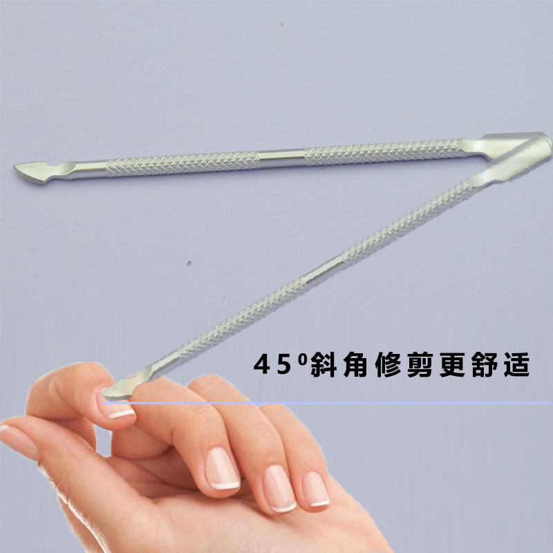Fabricante spot acero de doble cabezal de acero inoxidable empujado para quitar la armadura, exfoliación, exfoliación, manicura de piel muerta, borde de la herramienta de manicura