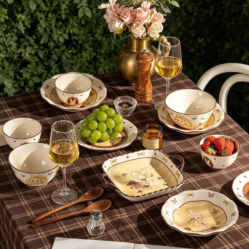 French-Style Retro Rabbit Bowl and Plate Set, Ins-Style Ceramic Bowls and Dishes for Home Use, Rice Bowls, Food Plates, Baking Trays, Gift for Best Friend