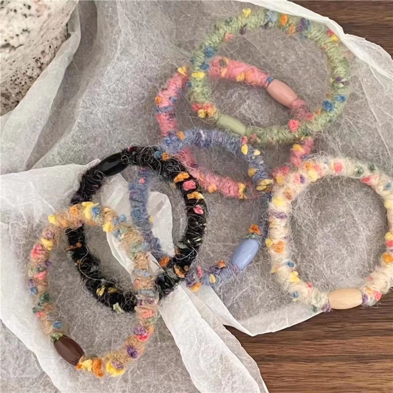 Candy color colorido punteado de lana banda de pelo cuerda de pelo chica corazón felpa accesorios para el cabello lazo de pelo banda de goma cuerda de pelo al por mayor