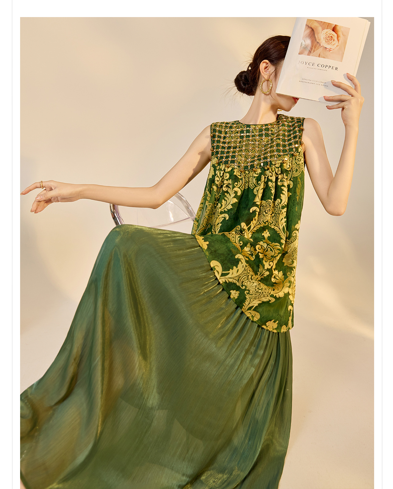 Đầm maxi nữ phong cách Trung Hoa mới, tay không, đính cườm lụa, dáng thắt eo N6041 — màu vàng, xanh lá cây chi tiết 5