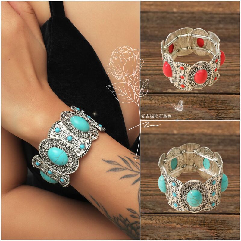 European and American cross-border bohemian natural turquoise stretch bracelet female retro personality totem bracelet jewelry wholesale