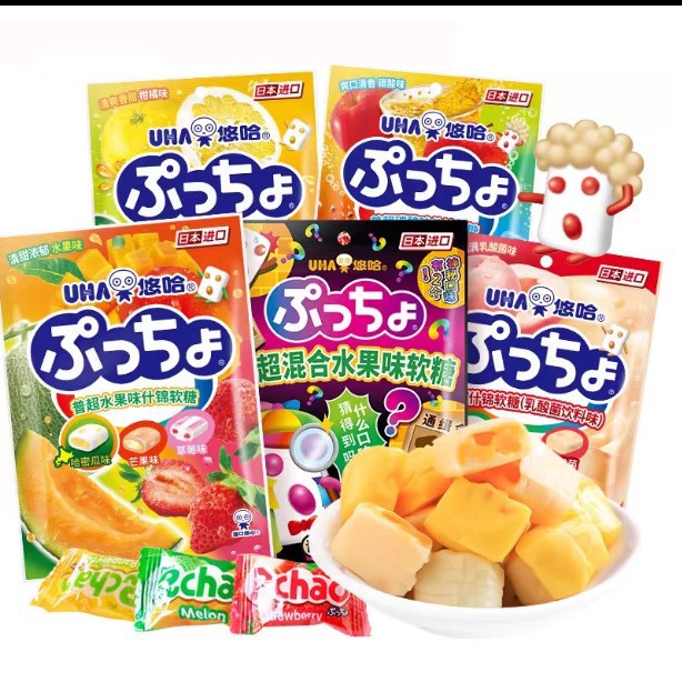 日本进口零食UHA悠哈90g味觉糖普超碳酸味什锦软糖水果糖夹心糖果