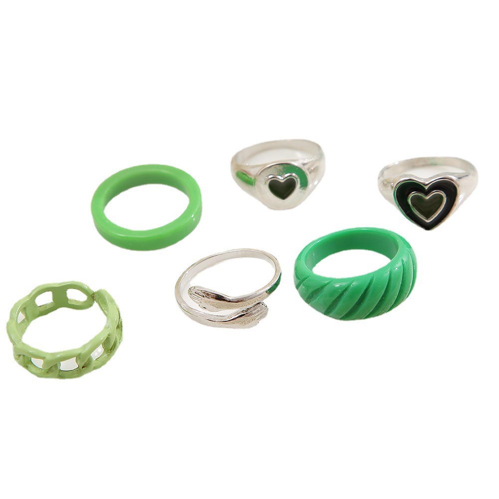 Fashion Heart Shape Alloy Metal Rings 6 Pieces