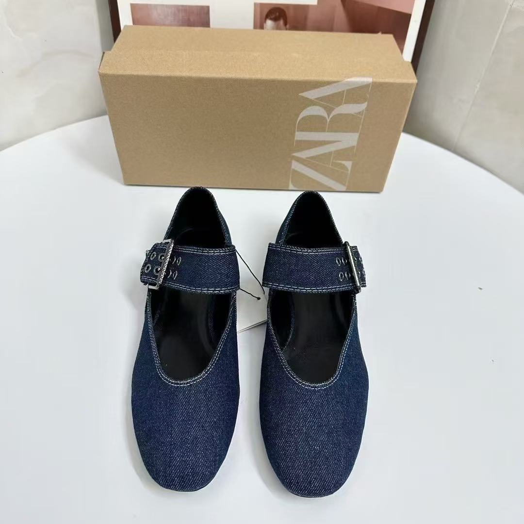 Za2025 Spring New Women's Shoes Blue Buckle Decorated Denim Fashion Ballet Style Flats Shoes Fashionable Versatile Shoes