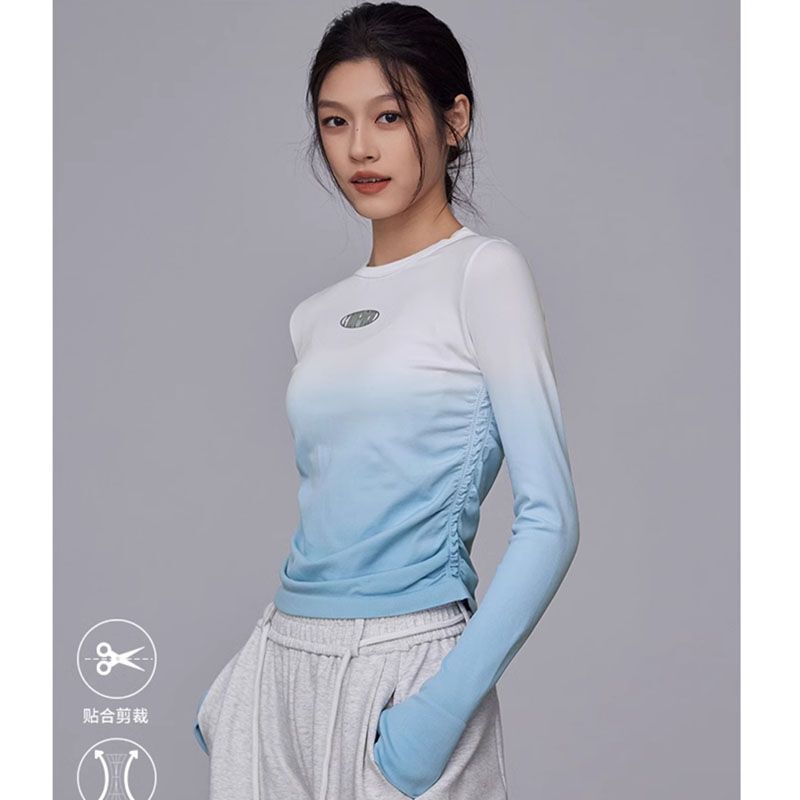 Fitness Girl Spring and Summer Round Neck Sports Top Tight Yoga Wear Slimming Look High Elastic Running t Gradient Training Long Sleeves