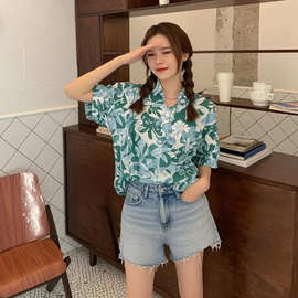 【跨境爆款】衬衫女夏薄款印花短袖上衣设计感小众复古港味港风衬