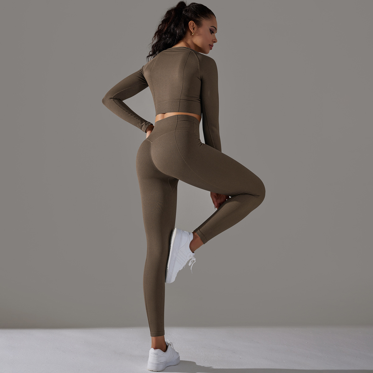 Rochie de yoga Jacquard pentru femei, cu mânecă lungă, talie înaltă, colanți de șold, îmbrăcăminte sport pentru fitness_voghion.com