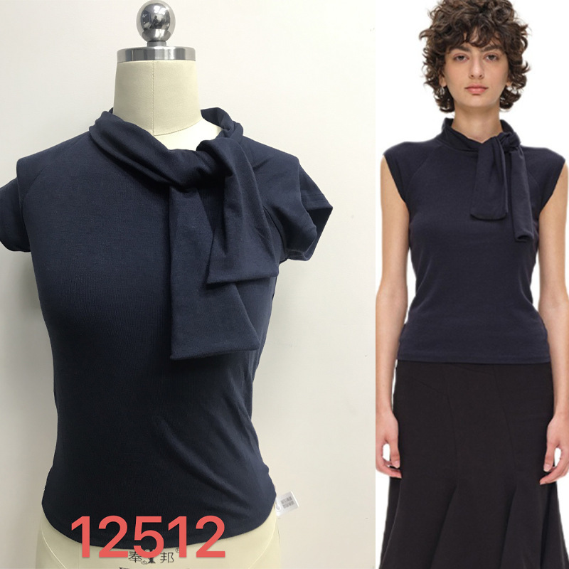 2025 Raglan High Collar Wide Edge Lace-Up T-Shirt Retro Navy Blue Waist Slimming Look Sleeveless Top Vest 2025 Raglan High Collar Wide Edge Lace-Up T-Shirt Retro Navy Blue Waist Slimming Look Sleeveless Top Vest
