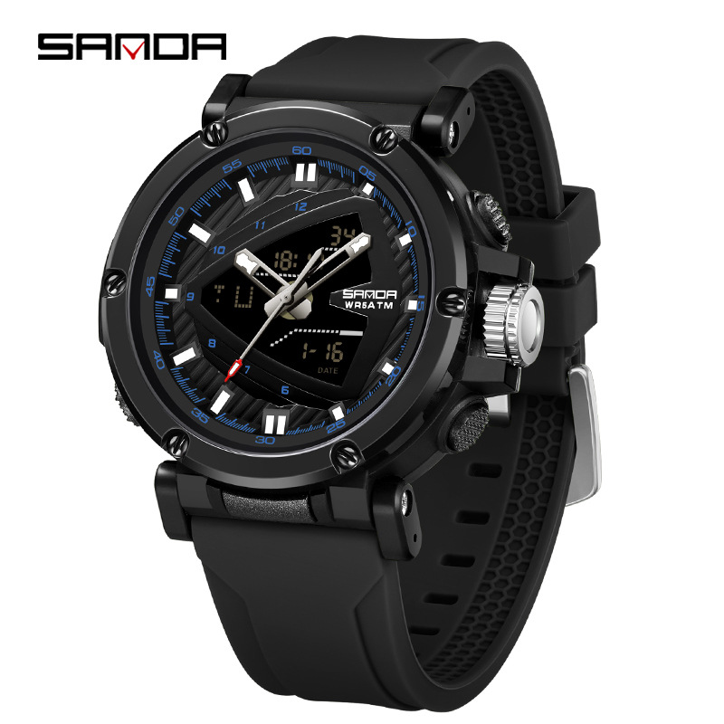 SANDA 9052 estudiantes deportivos impermeable reloj despertador reloj electrónico de moda moda hombre reloj puntero
