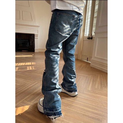 Erd's Melancholic Rich Kid Patchwork Velvet Burnt-Out Slim Washed Cut-Out Distressed Flared Jeans