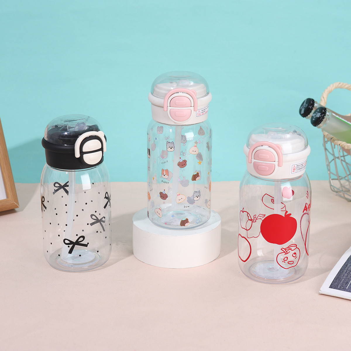Children's Large-Capacity Straw High-Quality High-Temperature Resistant Plastic Cup, Portable Dual-Drink Bouncing Cartoon Water Bottle_voghion.com