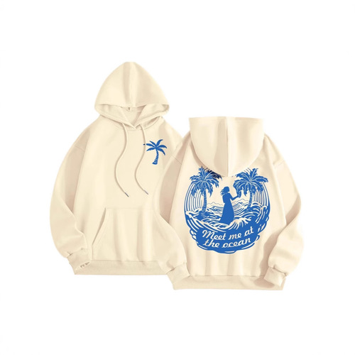 2025 Spring and Autumn Fleece Women's Hooded Sweatshirt with Ribbed Cuffs and Hem, Loose and Warm Hooded Sweatshirt for Women with Print