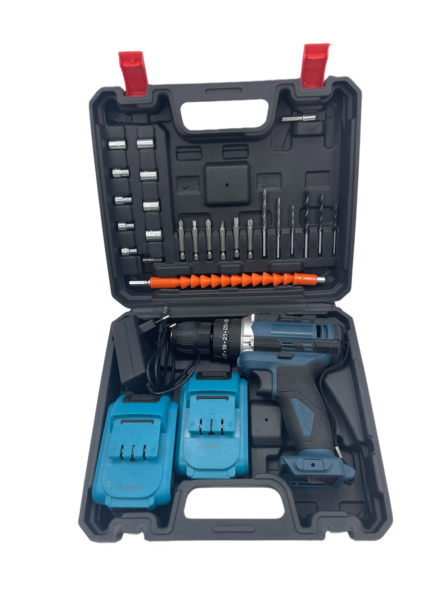 Modelo privado 21v 2 dos electricidad y un traje de carga negra y azul