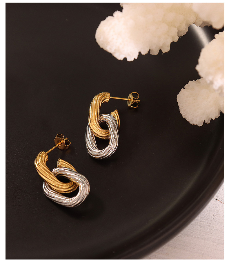 vintage geometric ring buckle oval shaped double layer titanium steel earrings