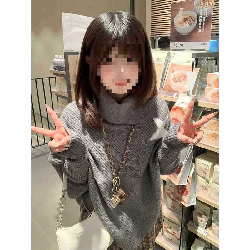 早秋复古懒散风时尚不规则套头灰色宽松毛衣女学生斗篷高领针织衫|undefined