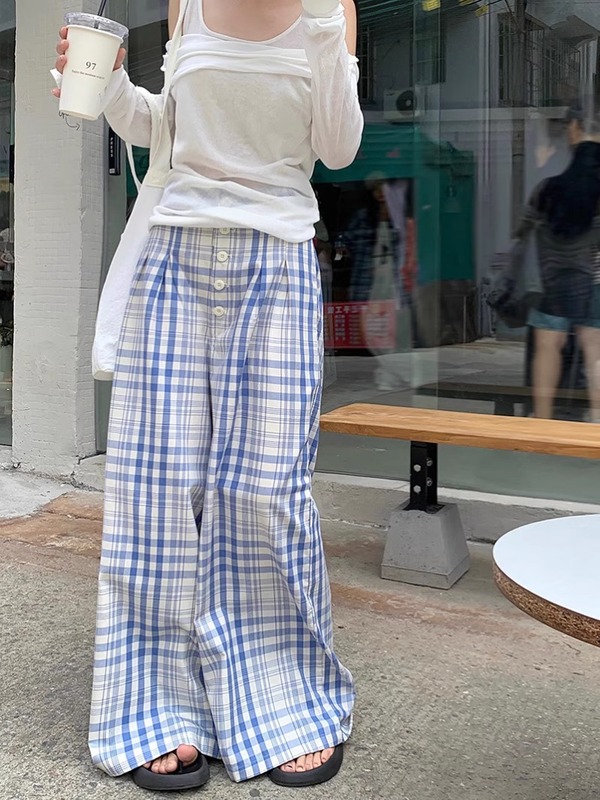 175高个子女生加长版慵懒松弛感宽松阔腿格子休闲裤女夏直筒垂感|undefined