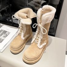 翻毛厚底雪地靴女2025年冬季新款中筒加绒保暖时尚绑带毛毛马丁靴