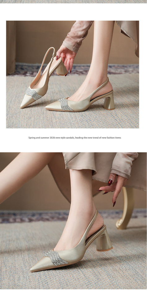 Sandal cao gót nữ mũi nhọn hở gót gót thô đính đá chất liệu satin, gót 6–8 cm — Màu trắng ngà, Vàng nhạt chi tiết 11