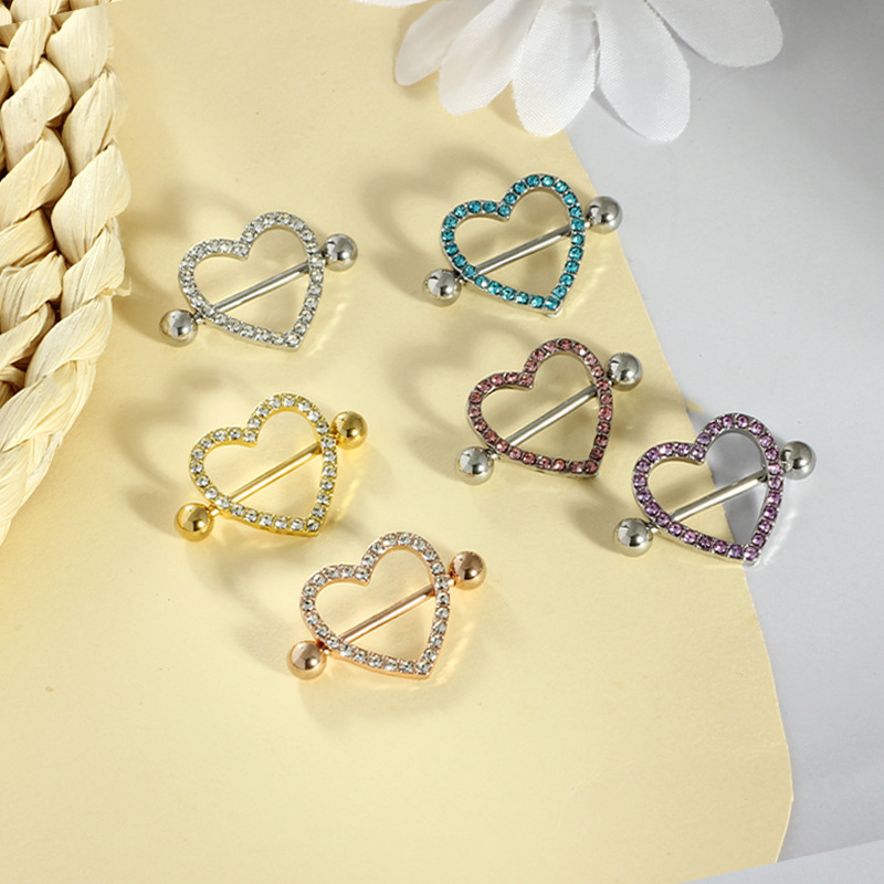 Double Diamond Love Heart Breast Piercing Ring - Seven Color Electroplated Stainless Steel Pair for Sale Wholesale detail image 8