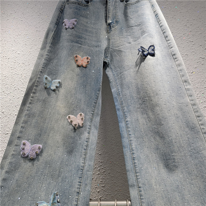 Jeans de Pierna Ancha y Tiro Alto para Mujer con Bordado de Mariposa 3D image 4