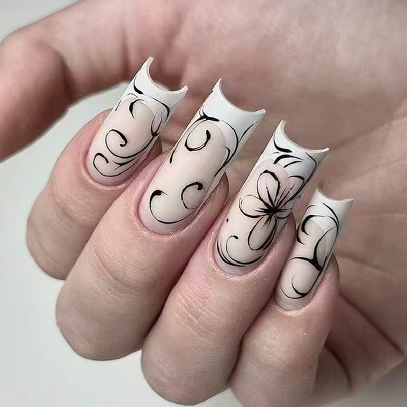 Black European-Style Line Flower Painting Design, White French-Style Long Tube, Khaki Color Wearable Nail Art Nail Tips
