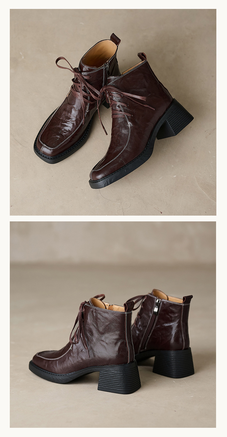 Boot nữ mũi vuông dây buộc da dê cao gót cổ ngắn lót nhung — Lớp lót nhung đen chi tiết 13