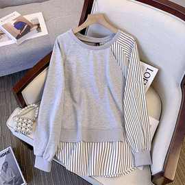 现货2025春秋新款跨境女装长袖卫衣宽松休闲条纹上衣现货胖mm大码