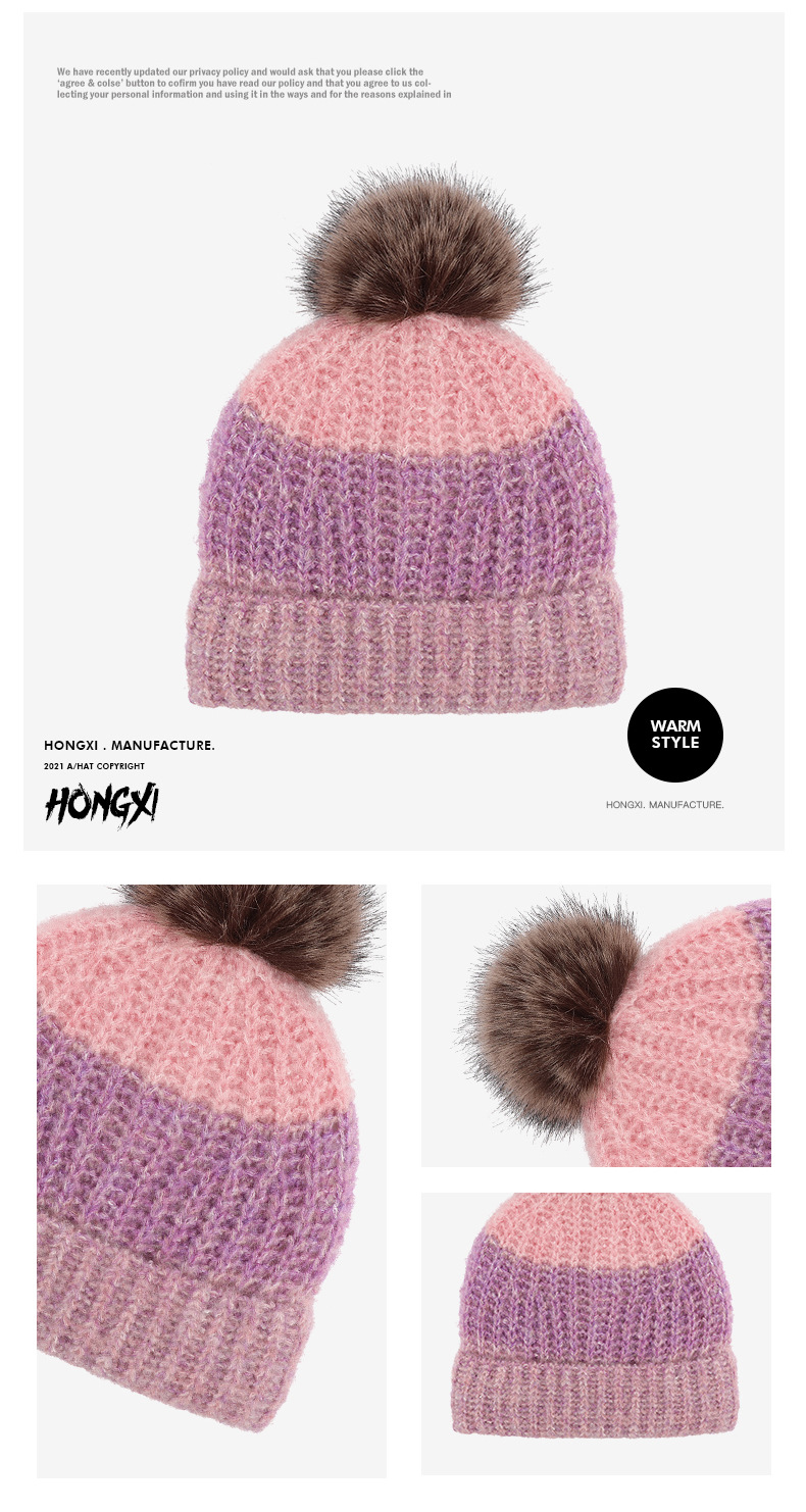Hongxi New Winter Knitted For Women, Versatile Color Block Striped With Pom Pom, Outdoor Warm And Cold-Proof Wool Hat_voghion.com