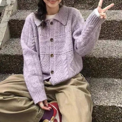 2025秋冬新款小个子韩版宽松显白显瘦温柔文艺翻领针织开衫外穿女
