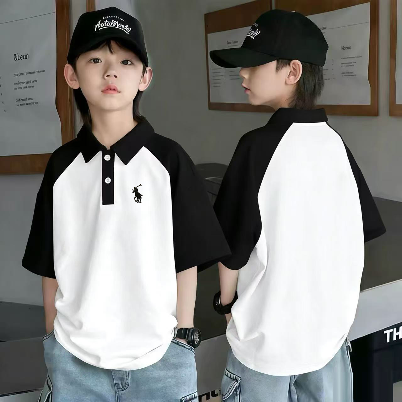 Popular TikTok boys' short-sleeved T-shirt, summer casual stylish polo shirt, boys' pure cotton collared top.