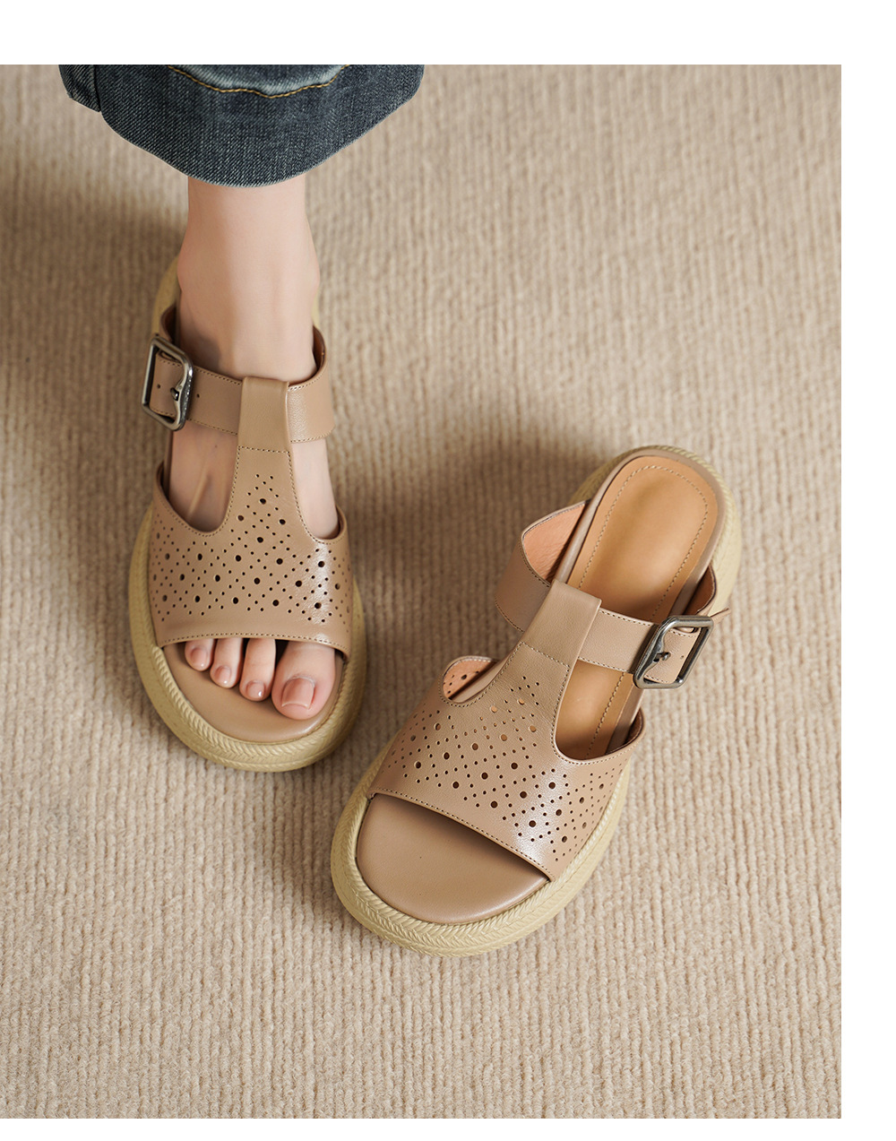 Sandal nữ da bò cao gót quai chữ T đế dày — đen chi tiết 4