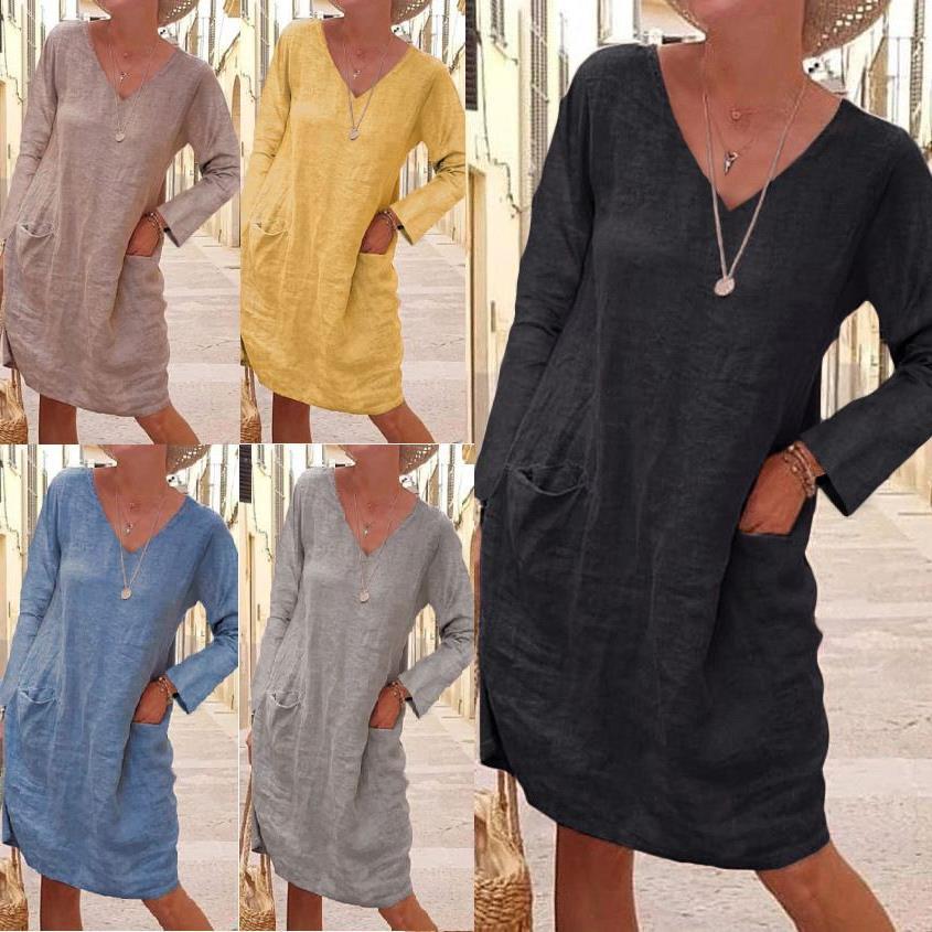 European and American ebay independent station leisure autumn and winter loose solid color pocket long sleeve V-neck cotton linen dress women's clothing